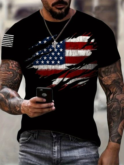 Men's 3D American Flag Print T-Shirt - Retro Patriotic Crew Neck Short Sleeve Top, 100% Polyester Knit, Machine Washable, All-Season Casual Wear, Bold Graphic Design, American Flag Shirt, Comfortable Fit, Durable Fabric