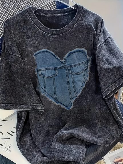Washed Cotton Short Sleeved SLOY Summer Casual Short Sleeved Heart-Shaped Printed T-Shirt, Imitation Old Black Round Neck Top, Lightweight And Breathable Suitable for Casual Wear