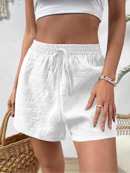 Women's Elastic Waist Casual Shorts - Summer Lightweight Breathable Fabric with Faux Drawstring Detail, Solid Color, Machine Washable for Lounge, Outdoor & Casual Attire, Lounge Clothing, Relaxed Fit, Soft Material, Home Comfort