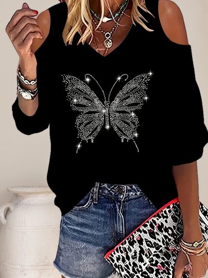 Rhinestone Butterfly Tee Rhinestone Butterfly V-Neck T-Shirt - Elegant Polyester Knit Fabric, Regular Length, All-Season Fashion Top for Women