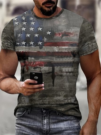 Men's Patriotic 3D Star Print T-Shirt - Distressed American Flag Design, Casual Short Sleeve Summer Tee, Lightweight Polyester Blend, Round Neck, Machine Washable, Outdoor Clothing | American Flag Tshirt | Stretchable Fabric
