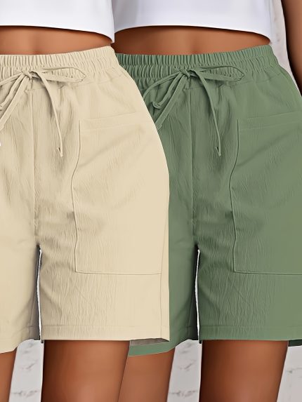 Cute Shorts 2-Pack Women's Casual Shorts | Solid Color with Pockets, Elastic Waistband, Lightweight Polyester, Summer Lounge Wear, Beige and Green, African-inspired Design