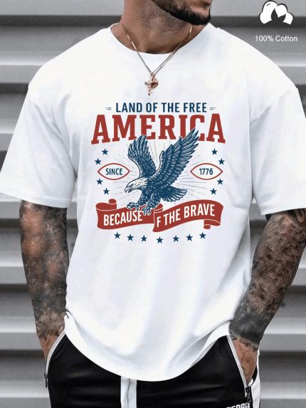 Men's Patriotic American Flag Graphic T-Shirt - 100% Cotton 1776 Independence Day Design with Eagle & Stars, Bold Lettering Casual Streetwear, Regular Fit Short Sleeve Tee for Spring Summer Outdoor Hiphop Style, Everyday Comfort Wear