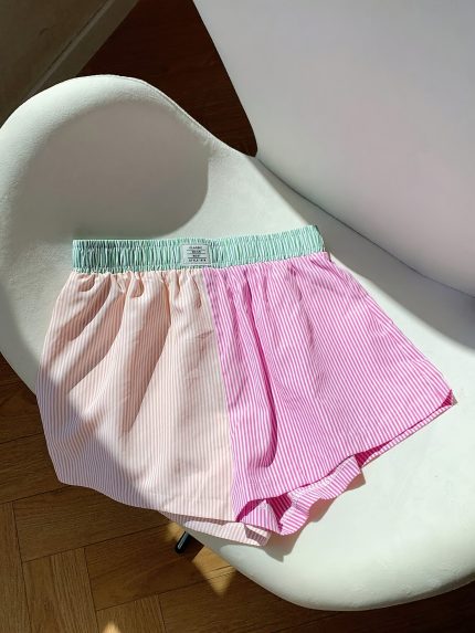 Elegant Shorts Elegant Women's Three-Tone Striped Shorts | Pastel Pink, Mint Green & Lavender, Non-Stretch Machine-Washable Fabric, Casual & Semi-Formal Wear, Cute, Seasonal Fashion, Elastic Waistband