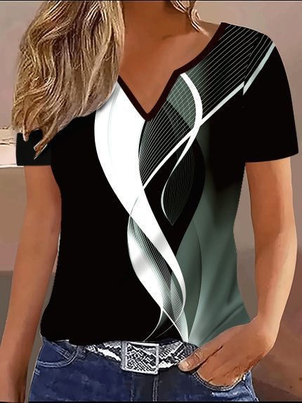 Elegant Women'S V-Neck Short Sleeve T-Shirt, 3D Printed Graphic Tee, Summer Casual Fashion Top with Abstract Design, Versatile & Stylish for Casual Attire, Versatile Fashion Top | Trendy Vneck Shirt | Stylish Casualwear