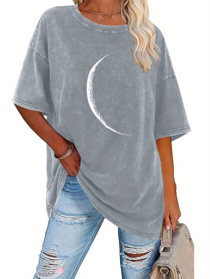 Half Moon Pattern, Summer Women'S Fashion Washed Retro High Quality 230G Thick T-Shirt, Street Retro Style Round Neck Short-Sleeved T-Shirt