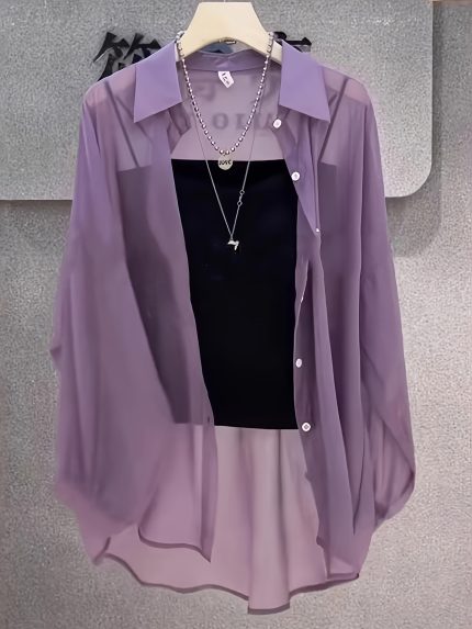Solid Color Loose Button Front Shirt, Casual See Through Long Sleeve Thin Shirt For Spring & Fall, Women's Clothing