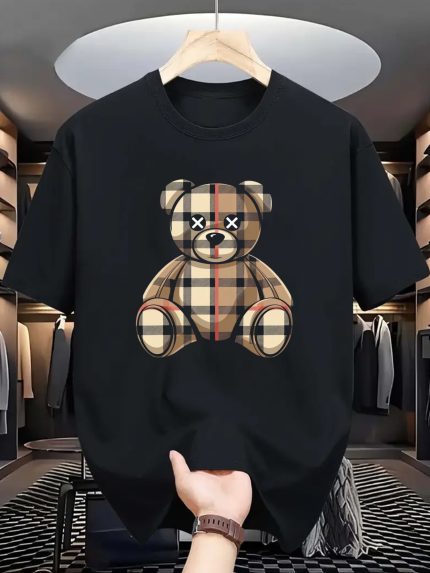 Men's Black T-shirt with Cute Bear Pattern On Plaid - Casual Cotton Men's T-shirts