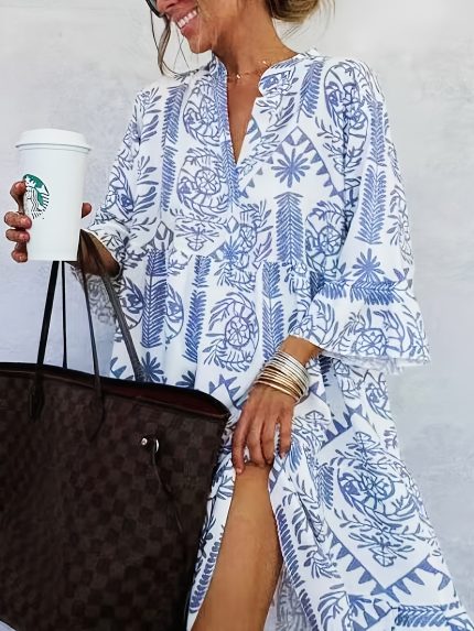 Floral Maxi Dress Lightweight Breathable Women's V-Neck Floral Print Maxi Dress | A-Line Flared Hem Machine Washable for Spring Summer Fall Casual & Formal Occasions, Versatile Outfit, Middle Eastern Style, Intricate Patterns