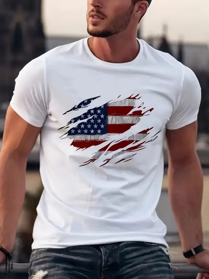Men's American Flag Graphic T-Shirt - 100% Cotton Relaxed Fit Short Sleeve Tee, Breathable Summer Casual Top with Patriotic Print, Machine Washable Round Neck Shirt, American Flag Shirt, Dynamic Print Design, Comfortable Wear