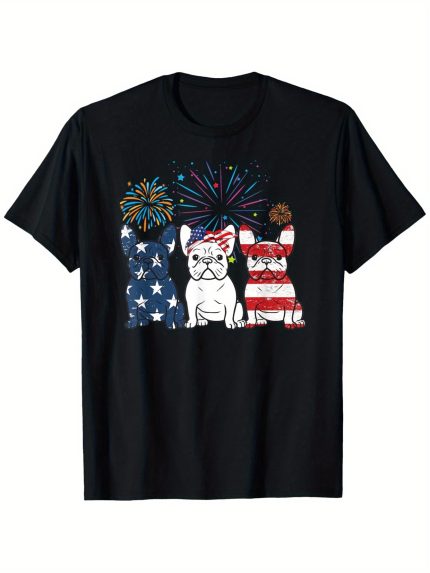 French Bulldog American Flag 4th Of July Independence Day T-Shirt 100% Cotton Round Neck T-shirt Halloween Thanksgiving Christmas Gift for Men Women Family Friends, Valentines Day Gifts for Boyfriend Girlfriend, S-XXXL