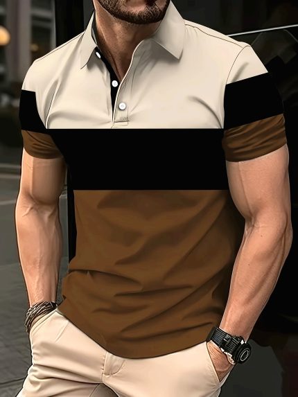 Summer Casual Short Sleeve Polo 1pc Men'S Summer Casual Short Sleeve Polo Shirt - Polyester Knit Fabric with Slight Stretch, All Over Print Lapel Collar, Button Detail, Regular Fit - Trendy Multi-Color Short Sleeve Polo Top