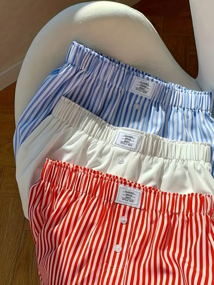Elegant Striped Shorts 3-Pack Women's Elastic Waist Shorts Set - Striped Checkered Solid Color, All-Season, Side Stripe Detail - 97% Polyester 3% Spandex, Woven Fabric, 150 gsm, Button Design