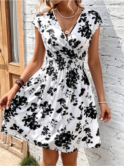 Printed Elastic Waist V-neck Dress, Fashionable For Commuting, Cute, Street Style