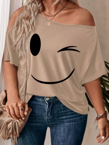 Elegant Off-Shoulder joyful Face Print Short Sleeve T-Shirt, Polyester Spandex Blend, Machine Washable - Springu002FSummer Collection