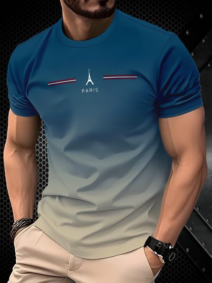 Men's 3D Printed Paris Eiffel Tower & Gradient Text Casual T-Shirt - Breathable Summer Short Sleeve Round Neck Tee, Machine Washable Regular Fit for Outdoor & Casual Attire, Leisure Clothing, Modern Graphic Tee, Digital Print Shirt, Comfortable Fabric