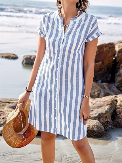 Asymmetrical Hemline Elegant Women'S Striped V-Neck Midi Dress - Casual Short Sleeve, Button Front, Lightweight Polyester, Perfect for Summer Beach Outings, Beach Dress