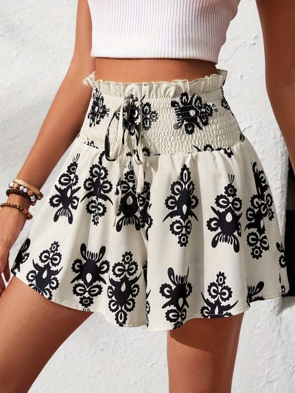 Women's Geometric Print Beach Shorts - Elastic Waist with Adjustable Drawstring, Lightweight Comfort for Summer, Spring & Fall | Machine Washable Casual Vacation Shorts, Summer Beachwear, Nontransparent Fabric