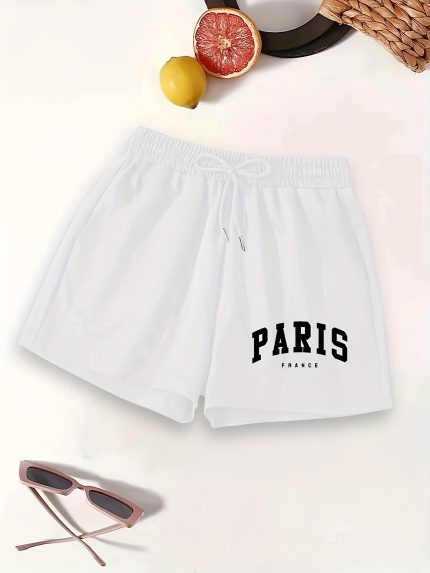 Women's Trendy Paris Print Drawstring Shorts - Casual Summer Sports Style with Elastic Waistband, White Geometric Design, Machine Washable