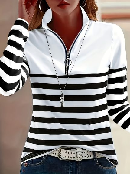 Women's & Striped Long Sleeve T-Shirt with Full-Zip Front & Stand Collar - Casual Elegant All-Season Top, Medium Stretch Fit, Machine Washable Versatile Shirt for Everyday & Semi-Formal Wear