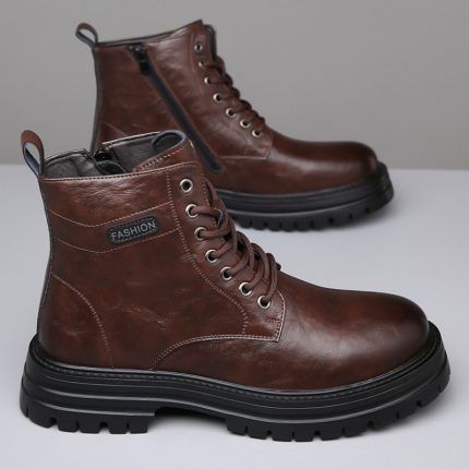 1 Pair Men'S Vintage Casual Motorcycle Boots - High-Top Lace-Up with Thick Rubber Sole, Non-Slip Traction, Faux Cover Upper & Breathable Fabric Lining for All-Season Outdoor Hiking, Daily Wear, and English Style, Hiking Boots, Durable Footwear