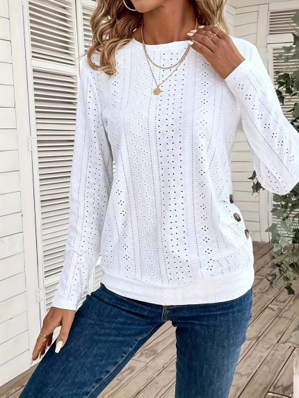 Elegant Long Sleeve T-Shirt for Women with Hollow Button Detail, Round Neck, Stretch Polyester Fabric - Machine Washable, Textured Fabric, Hollow Button Decoration