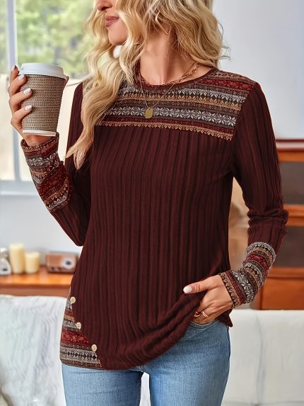 Women's Bohemian Ethnic Print Long Sleeve T-Shirt - Round Neck Button-Front Placket, H-Line Silhouette with Earthy Brownu002FRedu002FBlacku002FBeigeu002FWhite Patterns, Machine Washable Fall Casual & Semi-Formal Top
