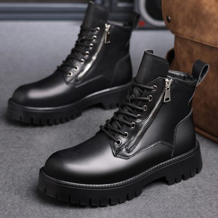 Boots for Men, British Style Chunky Sole Platform Motorcycle Boots, Fashionable Versatile Black Work Booties with 11 Sizes Available, Suitable for Casual Wear, Outdoor Activities, Streetwear, and All-Season Use