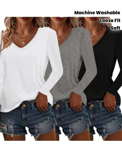 3pcs Women'S V-Neck Long Sleeve T-Shirts - Soft Casual Loose Fit Solid Color Tops for Spring & Fall, Machine Washable Everyday & Loungewear Essentials in Blue, Pink, Teal, Ladies T Shirts, Transitional Weather Clothing, Versatile Fashion, Comfortable Fabric