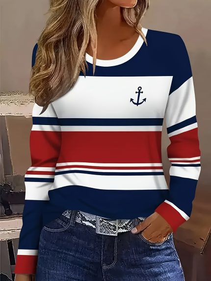 Women's Autumnu002F Winter New Arrival Casual Striped Pattern Fleece Fabric Round Neck Long Sleeved T-Shirt Top