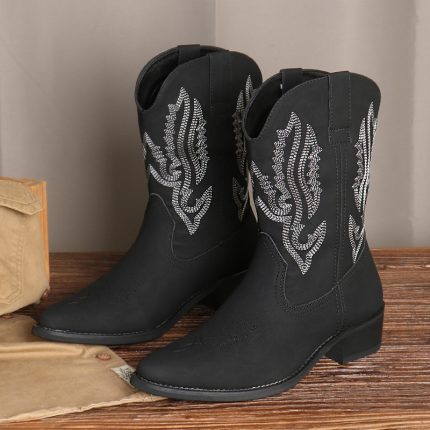 COMFIDAILY Men's Western Cowboy Boots - Slip-Resistant Rubber Sole, PU Cushioned Insole, Pointed Toe & Full-Grain -like Texture, Gothic-Style Ornate Buckle & Jumbo Loop - All-Black Western Boots for Men, Comfortable & Durable for Everyday & Formal Events, Ideal for Country Music Festivals & Casual Outfits (Autumnu002FWinter) - Ideal for Rodeo & Western Style Boots, Vintage Cowboy Boots, Mens Comfortable Dress Cowboy Shoes, Mens Adventure Western Cowboy Boots,
