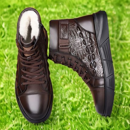 Men's Genuine Leather Crocodile-Texture Boots - Full-Grain Cowhide Winter Snow Boots with Zipperu002FTie Closure, Short Ankle for Ice & Snow, Brown (Casualu002FWeddingu002FOutdoor) - Warm Rubber Sole & Round Toe