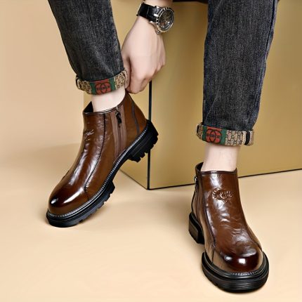 Men's Casual Solid Color Boots With Zipper, Non-slip Wear-resistant Oxford Boots For All Seasons